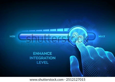 Integration data system. System Integration. Industrial and smart technology. Business and automation solutions. Wireframe hand is pulling up to the maximum position progress bar. Vector illustration.