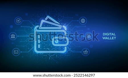 Digital wallet. E-wallet. Online payment by digital wallet. Online banking service application. Mobile banking, money transaction, e-commerce. Circuit board pattern background. Vector illustration.