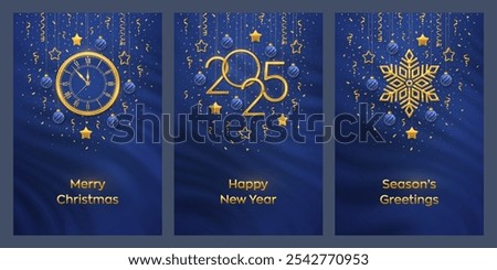 Christmas card set. Happy New Year 2025. Gold numbers 2025, snowflake, watch with Roman numeral and countdown midnight, eve for New Year. Hanging stars, balls on blue background. Vector illustration.