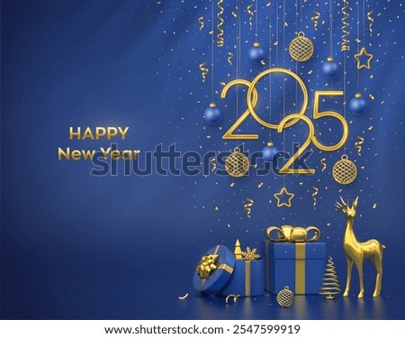 Happy New Year 2025. Hanging golden metallic numbers 2025 with stars, balls and snowflake on blue background. Reindeer, gift boxes, metallic pine or fir, cone shape spruce trees. Vector illustration.