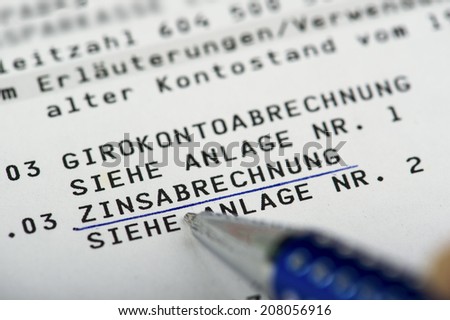 Interest settlement on a bank statement written in German Language Zinsabrechnung auf einem Kontoauszug