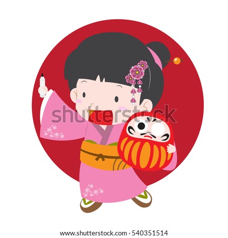 Cute vector illustration of a girl in kimono (japanese traditional cloth) holding daruma doll (japanese talisman for granting wish) that can be used for new year greeting card or post card 