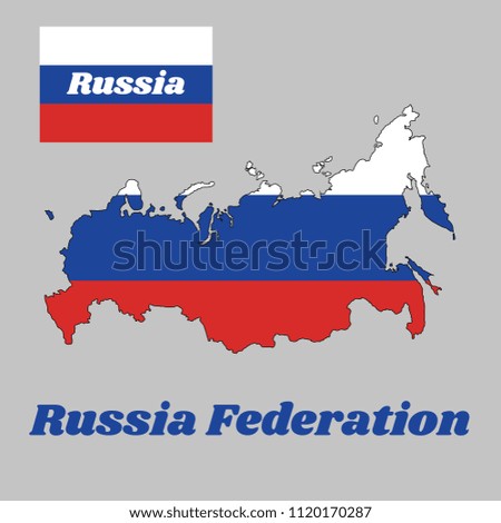 Map outline and flag of Russia, , It a tricolor flag consisting of three equal horizontal fields: white on the top, blue in the middle and red on the bottom, with name text of Russia Federation.