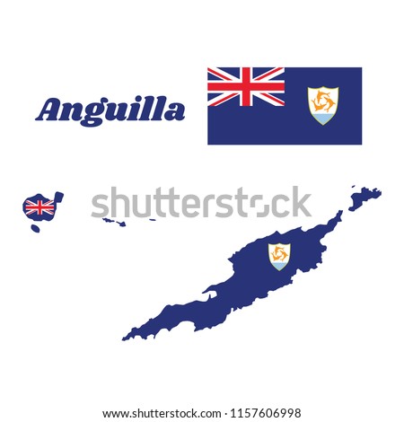 Map outline and flag of Anguilla, Blue Ensign with the British flag in the canton, charged with the coat of arms of Anguilla in the fly. with name text Anguilla.