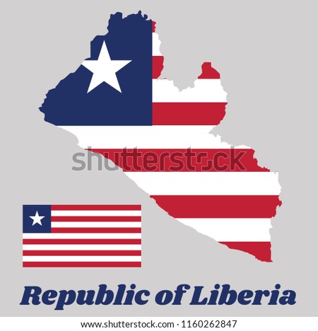 Map outline and flag of Liberia, Eleven horizontal stripes alternating red and white; in the canton, a white star on a blue field. with name text Republic of Liberia.