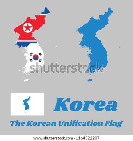 Map outline of North Korea, South Korea and Korean Peninsula  and flag of the both with The Korean Unification Flag, when North and South Korea participate as one team in sporting events. 