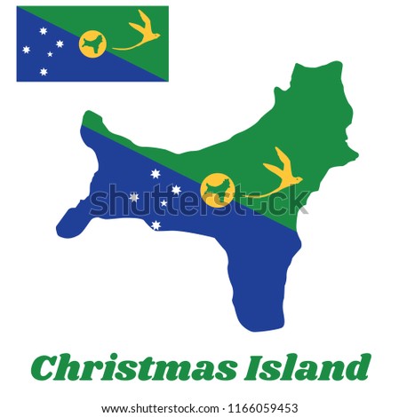 Map outline and flag of Christmas Island, Blue and green diagonal color with white star, a golden bosun bird in gold and shape of the island in circle. with name text Christmas Island.