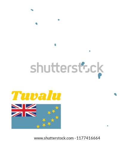 Map outline and flag of Tuvalu, a Light Blue Ensign with the Map of the Island of nine yellow stars on the outer half of the flag. with name text Tuvalu.