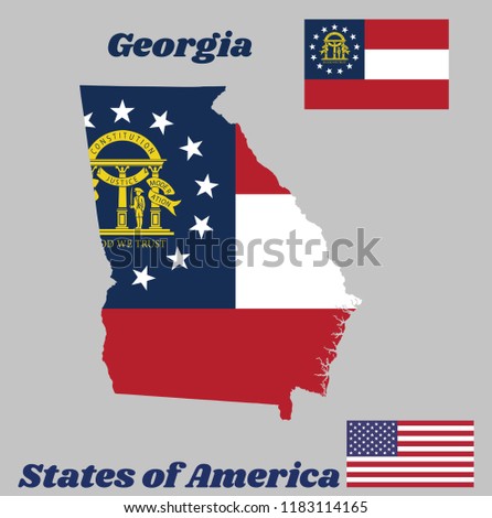 Map outline and flag of Georgia, Three stripes consisting of red, white, red. A blue canton containing a ring of 13 stars encompassing the coat of arms in gold. With American flag.
