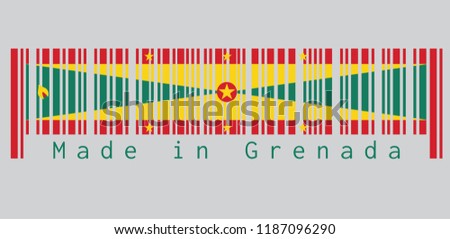 Barcode set the color of Grenada flag, A large red border around the flag with six Gold star, Gold and green triangles with red disk, text: Made in Grenada. concept of sale or business.