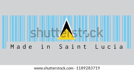 Barcode set the color of Saint Lucia flag, A light blue field with golden black and white triangle. text: Made in Saint Lucia. concept of sale or business.