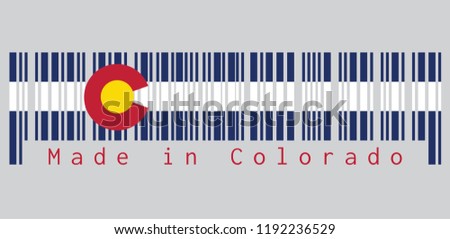 Barcode set the color of Colorado flag, Three horizontal stripes of blue, white, and blue. On top of these stripes sits a circular red 