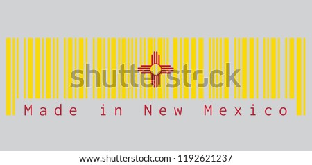 Barcode set the color of New Mexico flag, The red and yellow of old Spain. The ancient Zia Sun symbol in red on yellow, text: Made in New Mexico. concept of sale or business.