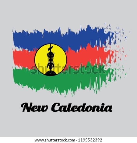 Barcode set the color of New Caledonia flag, blue red and green with a yellow disc fibrated black and defaced with a vertical symbol, also black. text: Made in New Caledonia. concept of sale.