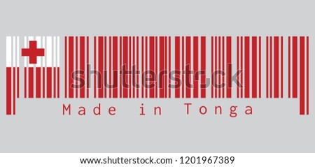 Barcode set the color of Tonga flag, A red field with the white rectangle on the upper hoist-side corner bearing the red Greek Cross. text: Made in Tonga, concept of sale or business.