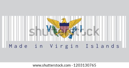 Barcode set the color of Virgin Islands flag, the coat of arms of the United States between the letters V and I. text: Made in Virgin Islands. concept of sale or business.