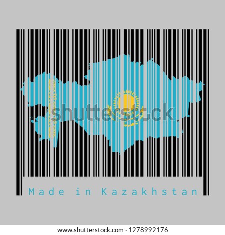 Barcode set the shape to Kazakhstan map outline and the color of Kazakhstan flag on black barcode with grey background, text: Made in Kazakhstan. concept of sale or business.