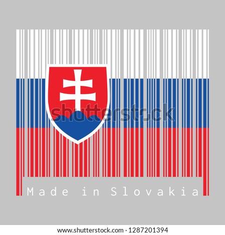 Barcode set the color of Slovak flag, white blue and red; charged with a shield containing a white cross is placed to left of center. text: Made in Slovakia, concept of sale or business.