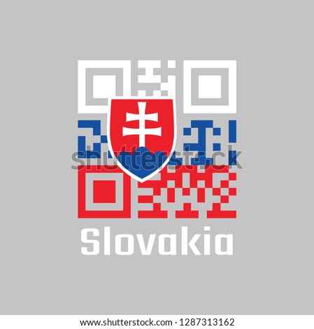 QR code set the color of Slovak flag, white blue and red; charged with a shield containing a white cross is placed to left of center. text: Slovakia.