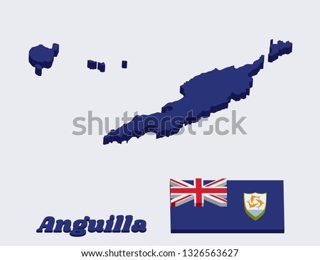 3D Map outline and flag of Anguilla, Blue Ensign with the British flag in the canton, charged with the coat of arms of Anguilla in the fly. with text Anguilla.