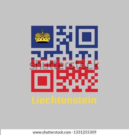 QR code set the color of Liechtenstein flag. horizontal bicolor of blue and red, charged with a gold crown in the canton with text Liechtenstein.