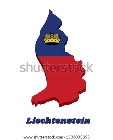 3D Map outline country shaped and flag of Liechtenstein, It is a horizontal bicolor of blue and red, charged with a gold crown in the canton with text Liechtenstein.