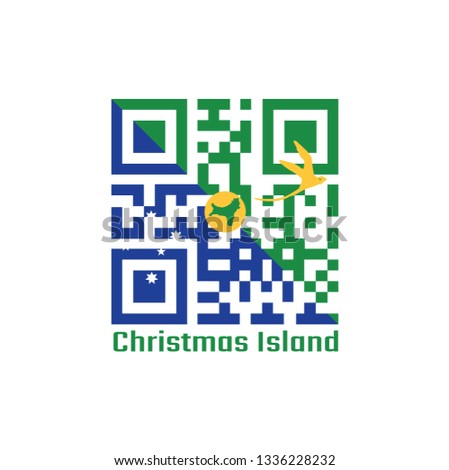 QR code set the color of Christmas Island flag. Blue and green diagonal color with white star, a golden bosun bird in gold and shape of the island in circle with text Christmas Island.