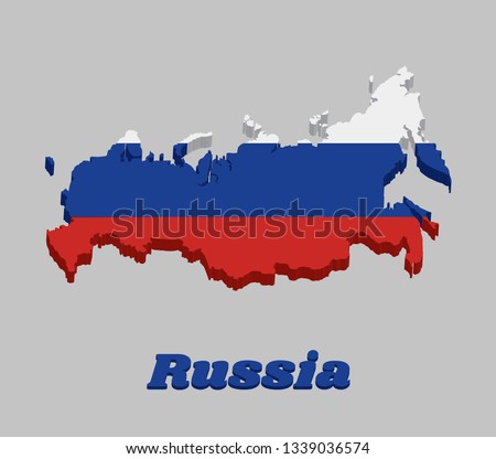 3d Map outline and flag of Russia, It a tricolor flag consisting of three equal horizontal fields: white on the top, blue in the middle and red on the bottom, with name text Russia.
