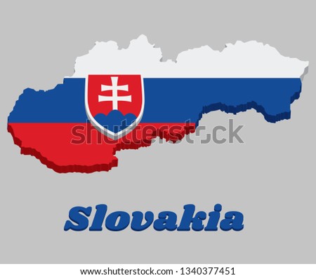 3d Map outline and flag of Slovakia, a horizontal tricolor of white blue and red; charged with a shield containing a white cross is placed to left of center. with text Slovakia.