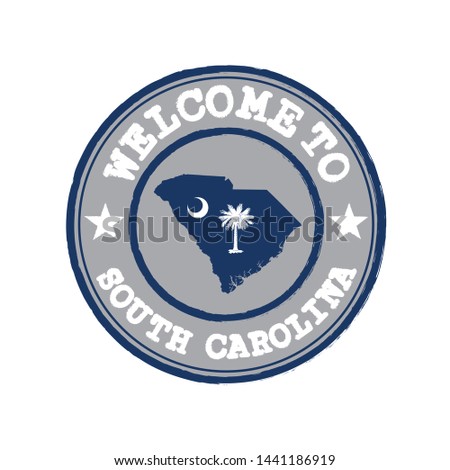 Vector Stamp of welcome to South Carolina with states flag on map outline in the center. Grunge Rubber Texture Stamp of welcome to South Carolina.