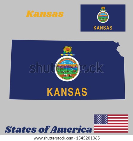 Map outline and flag of Kansas, the states of America. Seal of Kansas on a field of azure, a sunflower is displayed above the seal and the word 
