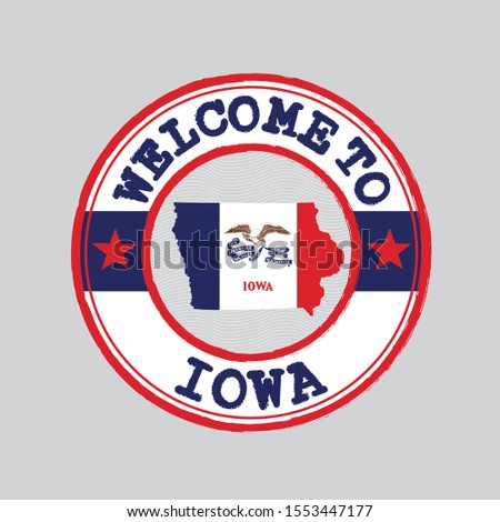 Vector stamp of welcome to Iowa with map outline of the nation in center. the states of America. Grunge Rubber Texture Stamp of welcome to Iowa.