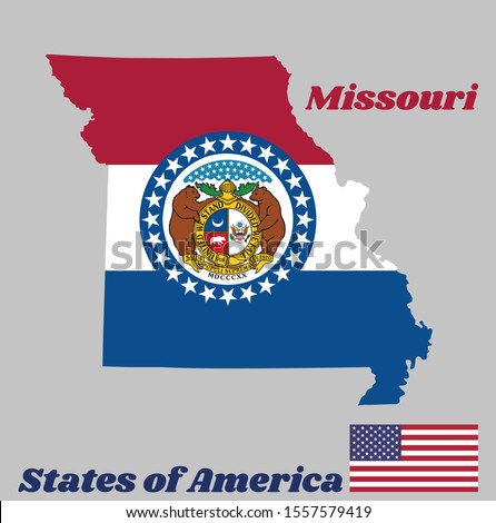 Map outline and flag of Illinois. red white and blue color. The Missouri Seal, surrounded by a blue band and stars, the states of America and USA flag.