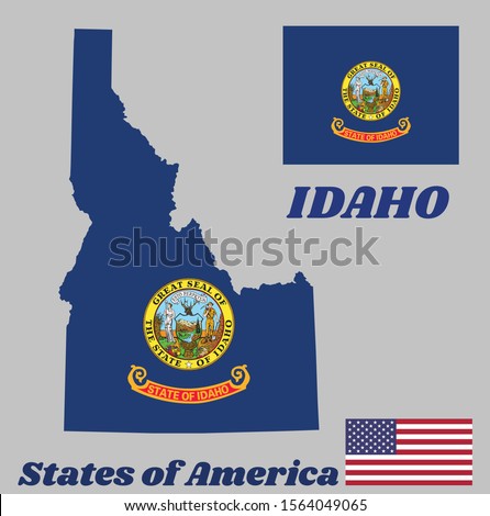 Map outline and flag of Idaho. State seal of Idaho on a field of blue, the states of America and USA flag.