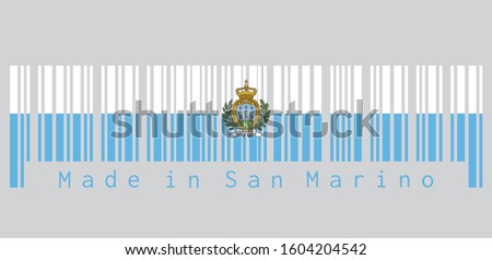 Barcode set the color of San marino flag, a horizontal bicolour of white and light blue; charged with the Coat of arms in the centre. text: Made in San marino. Concept of sale or business.