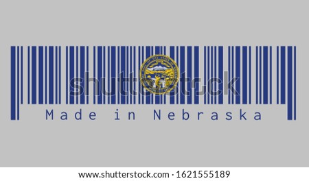 Barcode set the color of Nebraska flag. Seal of Nebraska in gold on an azure field. text: Made in Nebraska. Concept of sale or business.