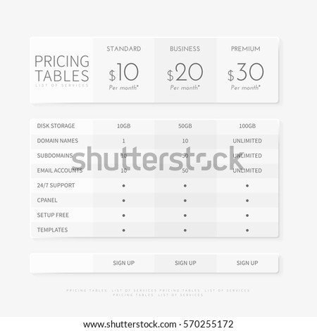 Pricing plan comparison set for commercial business web services and applications. Pricing tables chart interface for website, banners, hosting, ui, ux, mobile app. Vector illustration template.