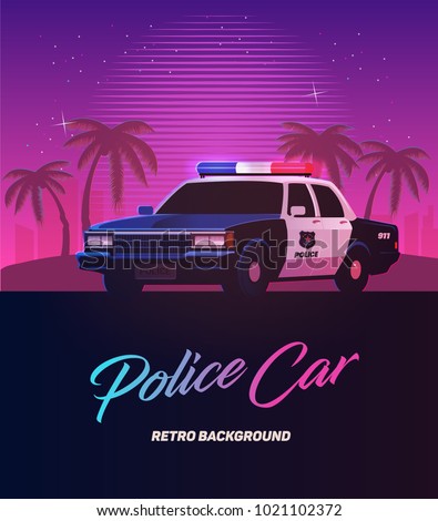 80s retro neon gradient background. Vintage police car. Palms and city. Tv glitch effect. Sci-fi beach.
