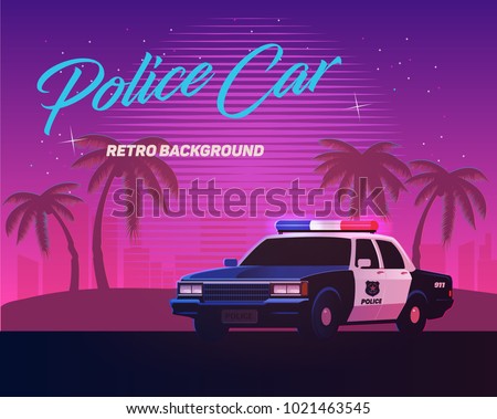 80s retro neon gradient background. Vintage police car. Palms and city. Tv glitch effect. Sci-fi beach.