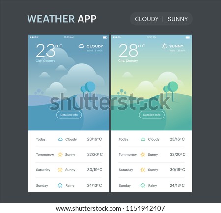 Weather Application Template. Cloudy and sunny screens. UI UX app design. Vector layout.