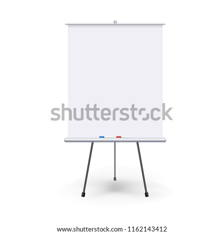 Vector realistic blank flipchart with three legs isolated on white clean background. White roll up banner for presentation, corporate training and briefing. Vector mockup.