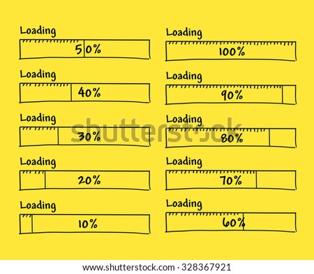 Set of progress loading bars from 0 to 100 percent complete, hand drawn black marker elements for prototype