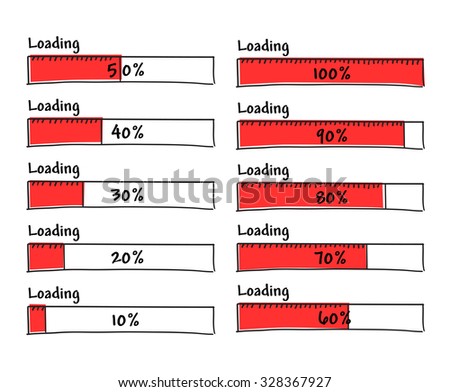 Set of progress loading bars from 0 to 100 percent complete, hand drawn red and black marker elements for prototype