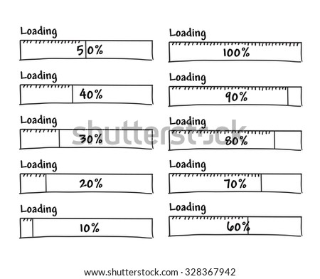 Set of progress loading bars from 0 to 100 percent complete, hand drawn black marker elements for prototype