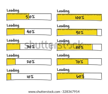 Set of progress loading bars from 0 to 100 percent complete, hand drawn yellow black marker elements for prototype