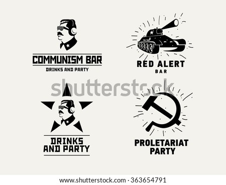 Communism style logos restaurant bar design vector template. Dictator, star and tank silhouette for night club party