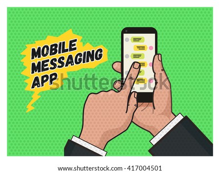 writing a message on mobile app. Hand touching a mobile phone against green background. Pop art illustration in vector flat format. Old style of a texture. Mobile messaging app