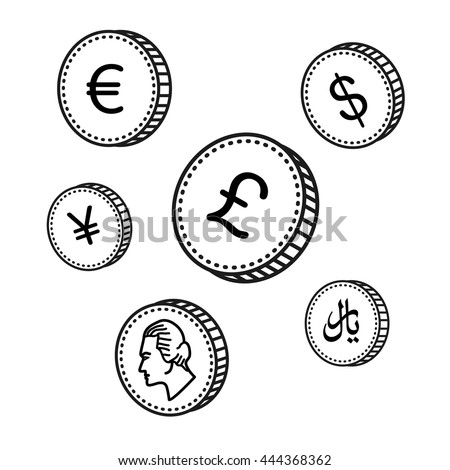 vector line hand drawn coins. Black and white money. Sketch style, isolated on white background. World currency