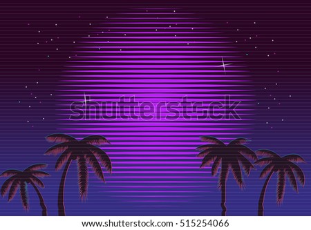 80s Retro Neon gradient background. Palms and sun. Tv glitch effect. Sci-fi beach