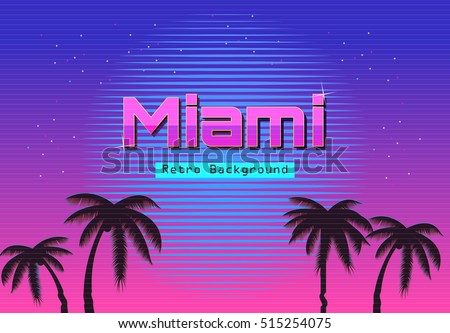 80s Retro Neon gradient background. Palms and sun. Tv glitch effect. Sci-fi Miami beach